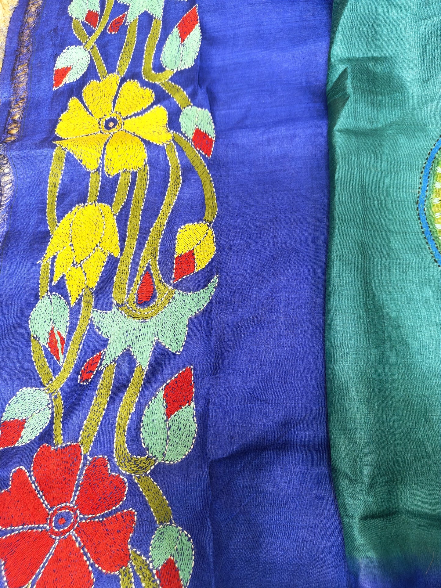 Sold out Pure Tussar Gachi Silk Kantha Stitch Saree