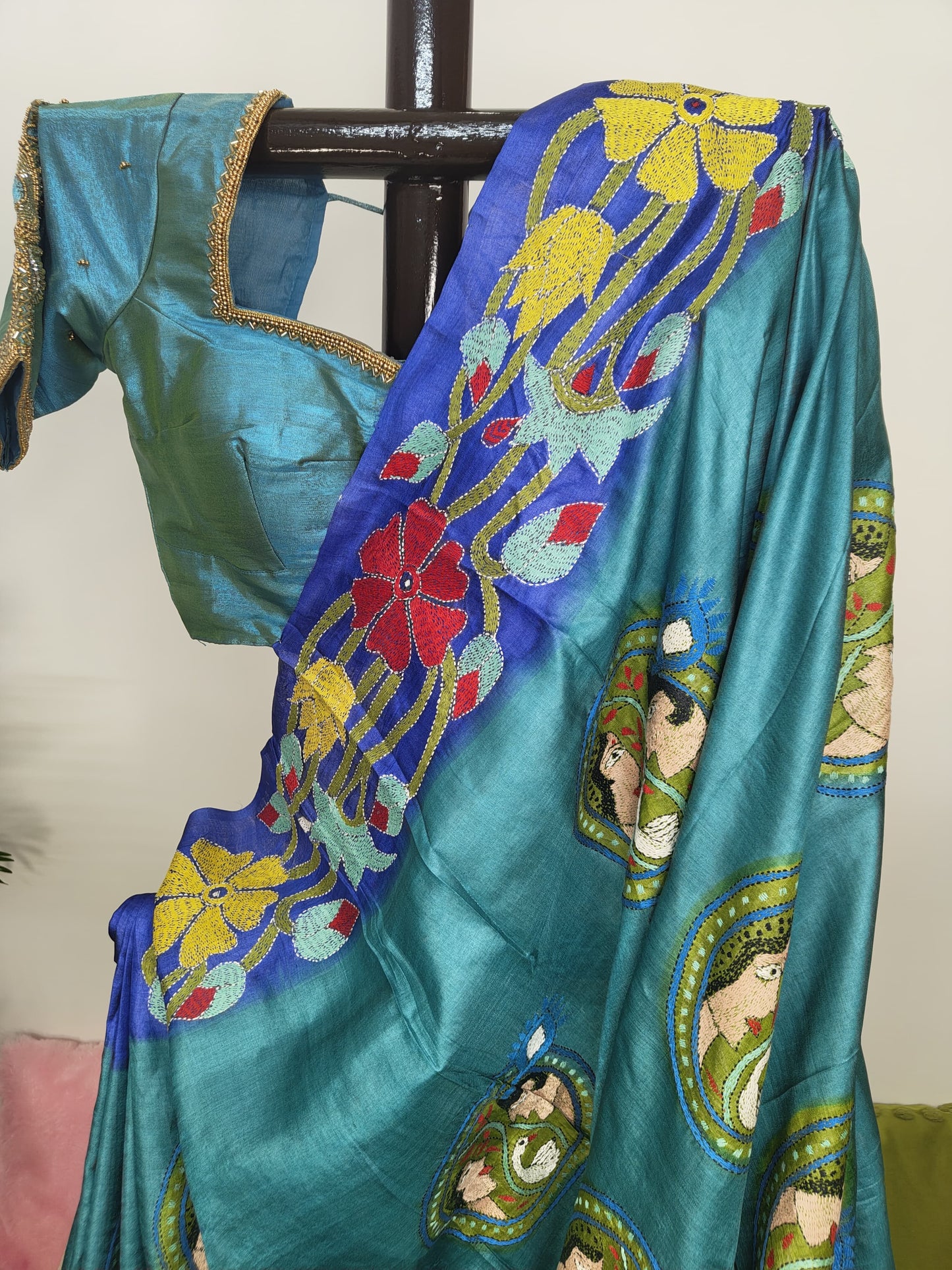 Sold out Pure Tussar Gachi Silk Kantha Stitch Saree