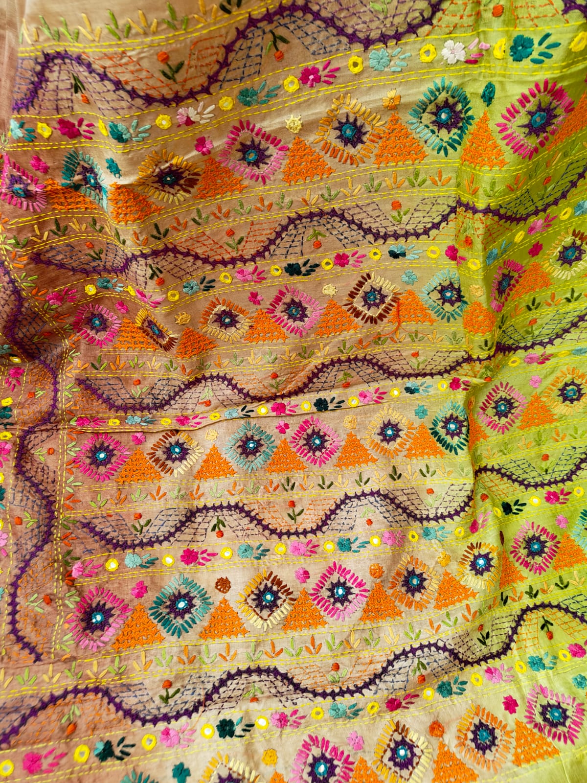 Sold Out Pure Tussar Gachi Silk Saree – Pista Green &amp; Light Brown with Lumbani Hand Stitch-Sold in Bangalore