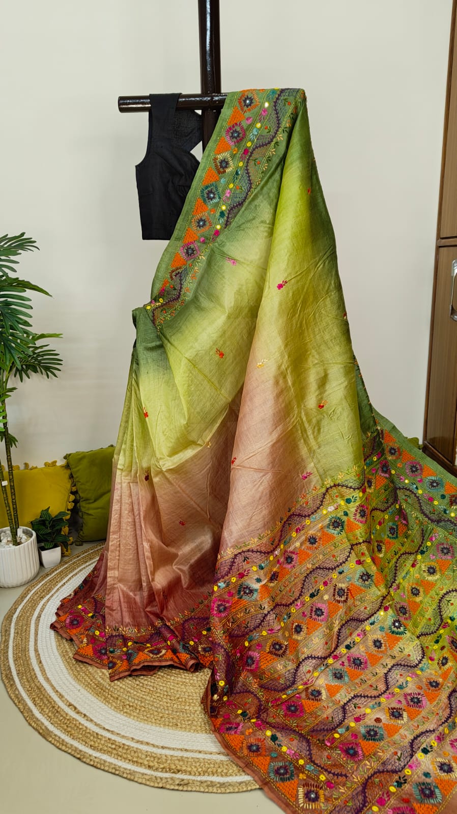 Sold Out Pure Tussar Gachi Silk Saree – Pista Green &amp; Light Brown with Lumbani Hand Stitch-Sold in Bangalore