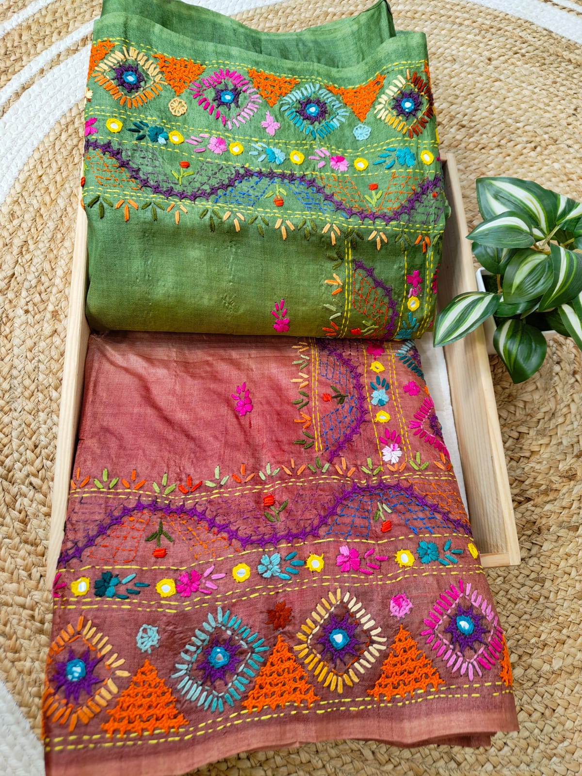 Sold Out Pure Tussar Gachi Silk Saree – Pista Green &amp; Light Brown with Lumbani Hand Stitch-Sold in Bangalore