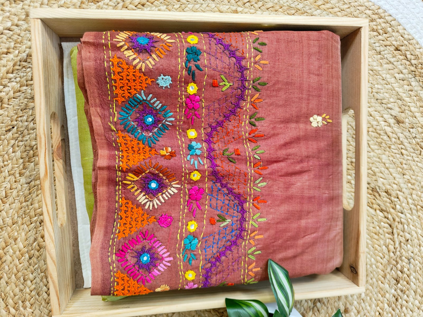 Sold Out Pure Tussar Gachi Silk Saree – Pista Green &amp; Light Brown with Lumbani Hand Stitch-Sold in Bangalore