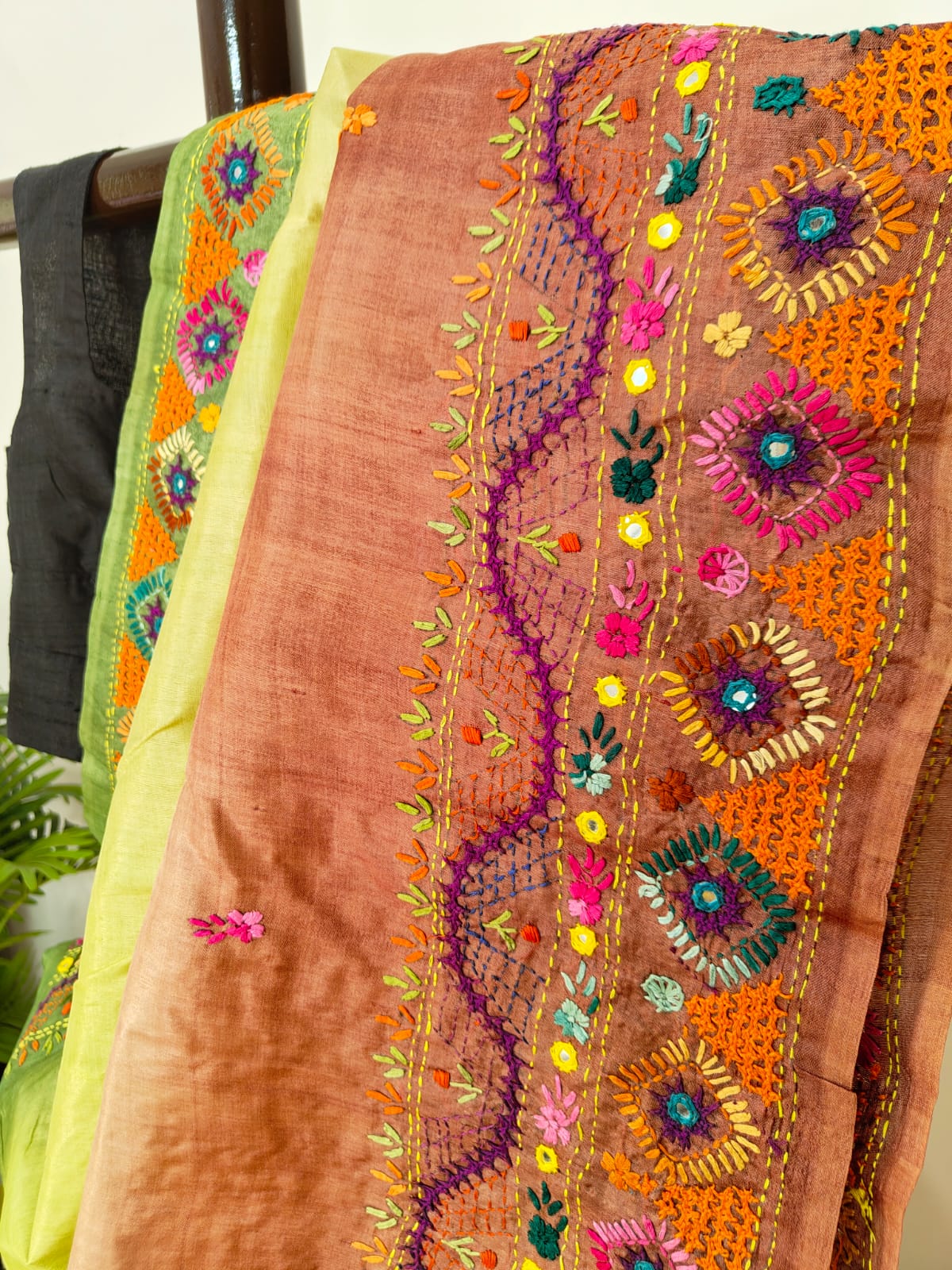 Sold Out Pure Tussar Gachi Silk Saree – Pista Green &amp; Light Brown with Lumbani Hand Stitch-Sold in Bangalore