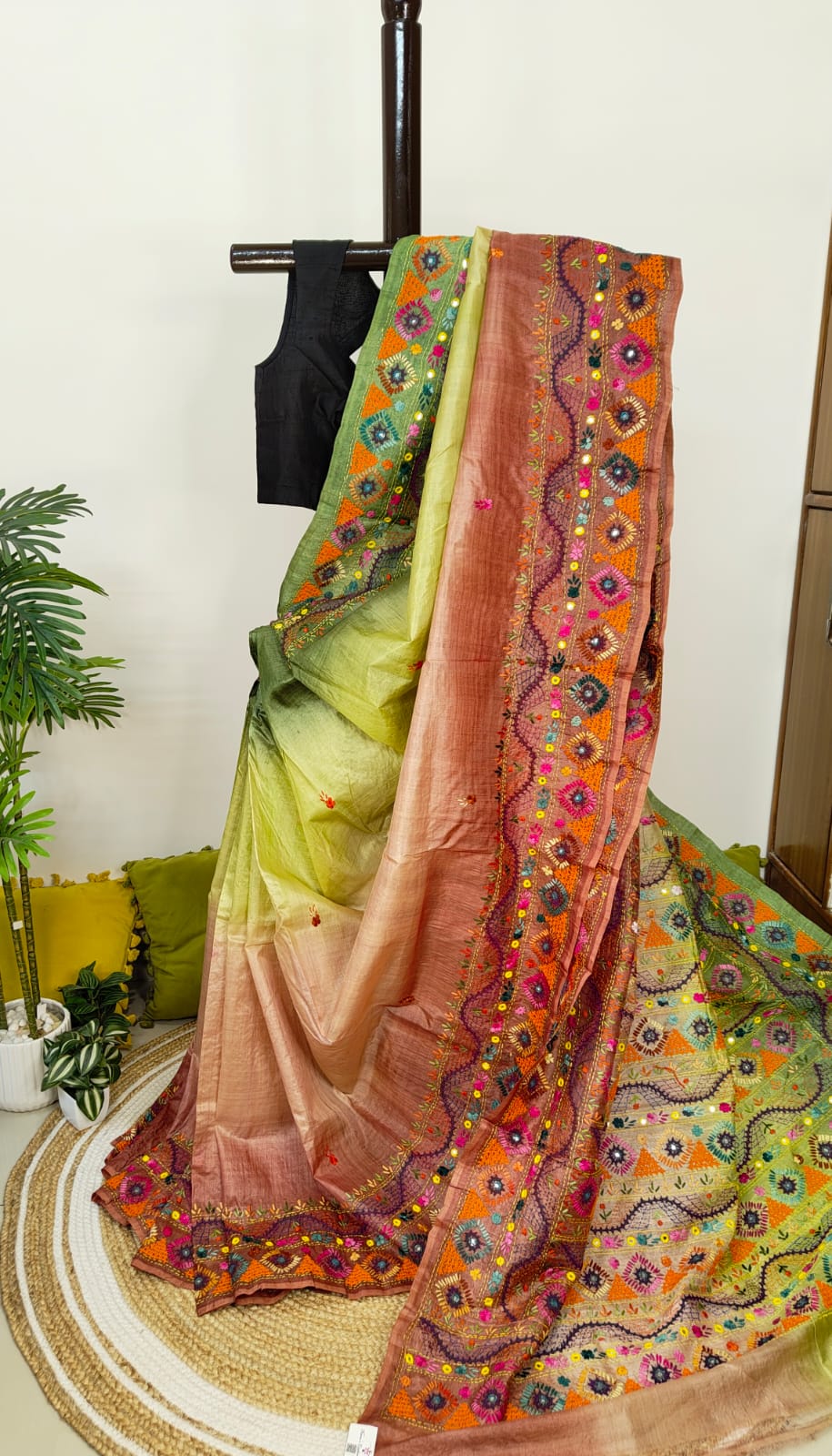 Sold Out Pure Tussar Gachi Silk Saree – Pista Green &amp; Light Brown with Lumbani Hand Stitch-Sold in Bangalore