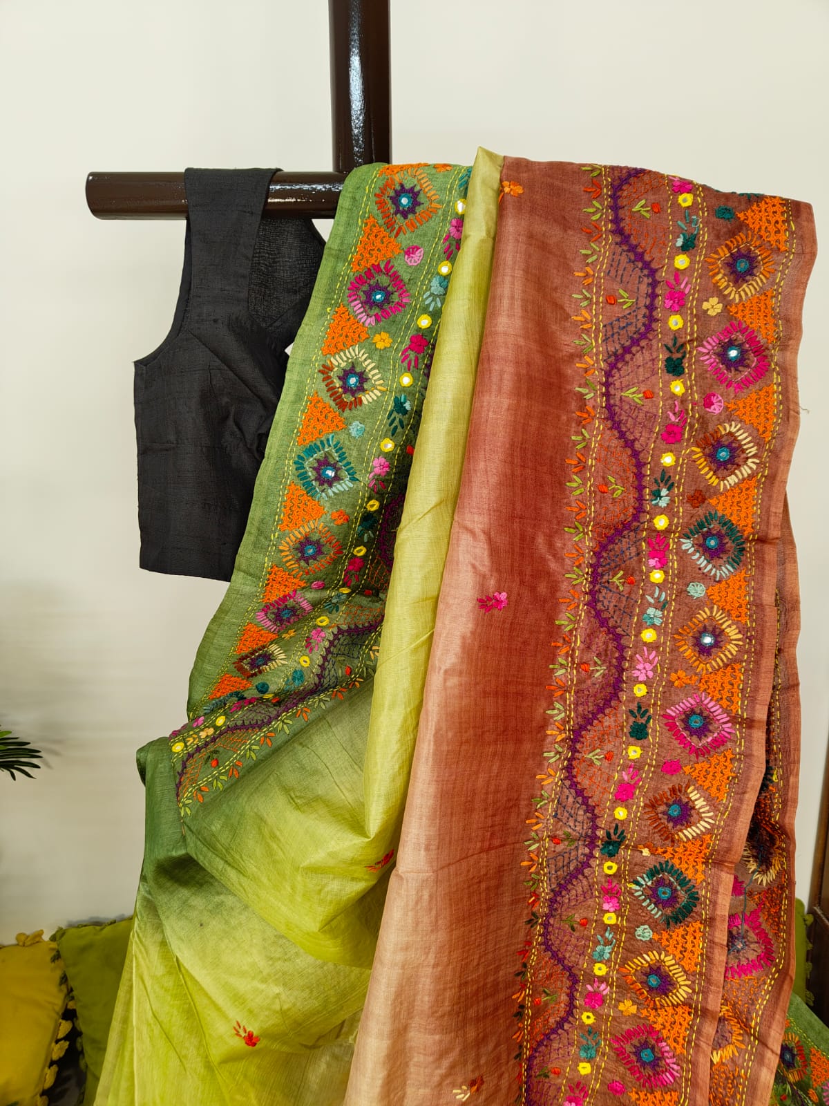 Sold Out Pure Tussar Gachi Silk Saree – Pista Green &amp; Light Brown with Lumbani Hand Stitch-Sold in Bangalore