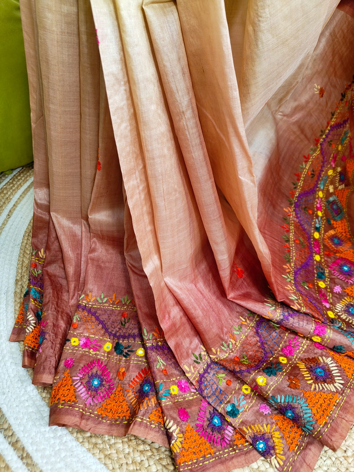 Sold Out Pure Tussar Gachi Silk Saree – Pista Green &amp; Light Brown with Lumbani Hand Stitch-Sold in Bangalore