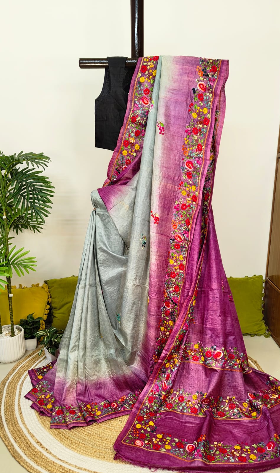 Sold Out Pure Tussar Silk Saree with Parsi Bullion Hand Embroidery-Sold in Delhi