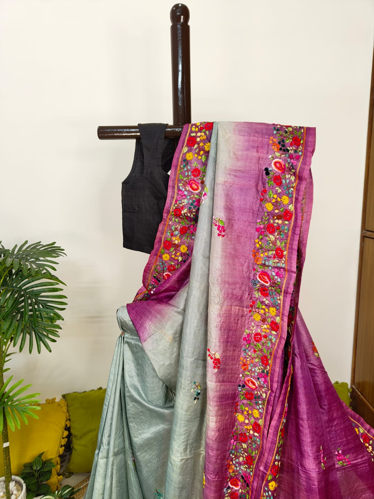 Sold Out Pure Tussar Silk Saree with Parsi Bullion Hand Embroidery-Sold in Delhi