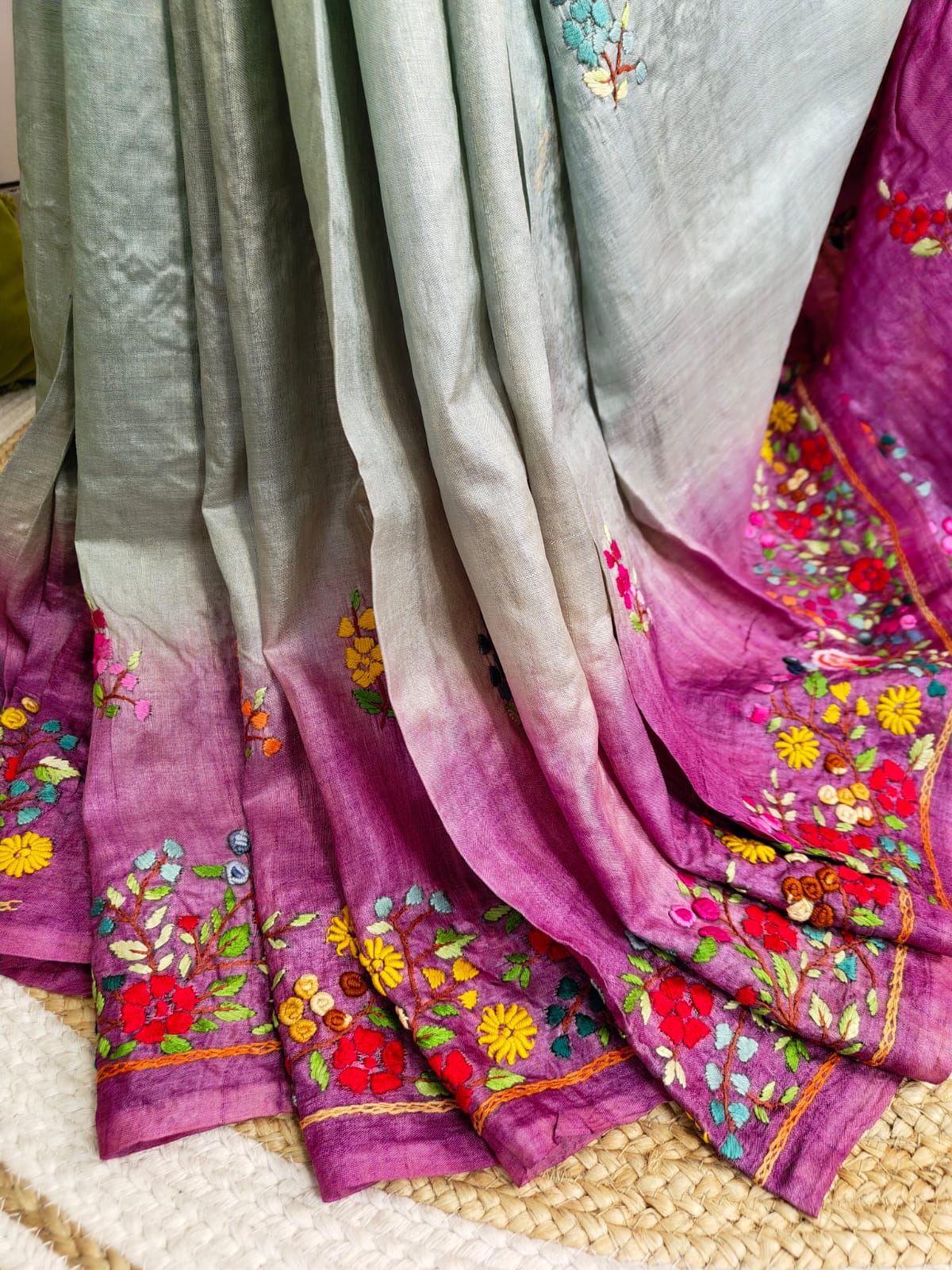 Sold Out Pure Tussar Silk Saree with Parsi Bullion Hand Embroidery-Sold in Delhi