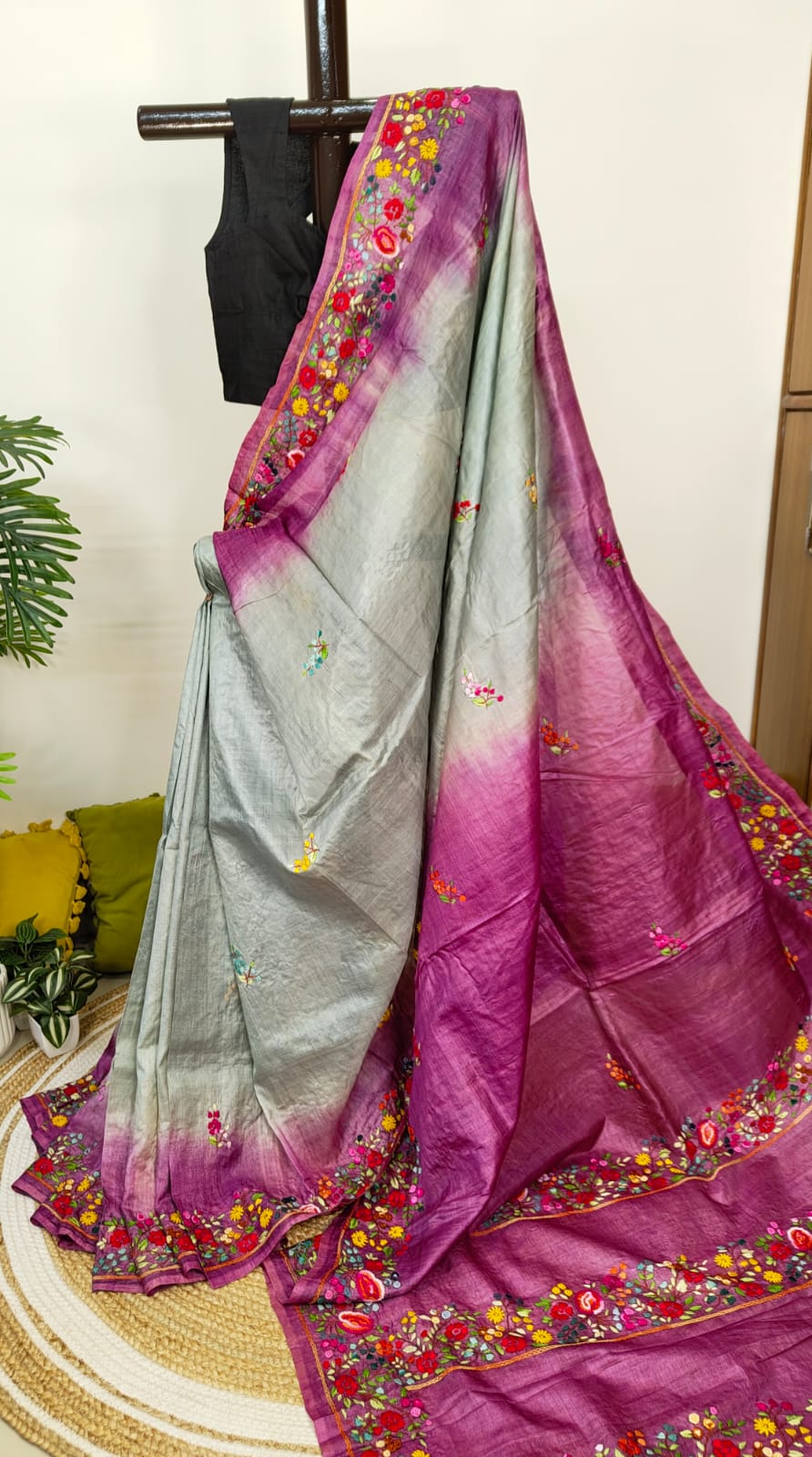 Sold Out Pure Tussar Silk Saree with Parsi Bullion Hand Embroidery-Sold in Delhi