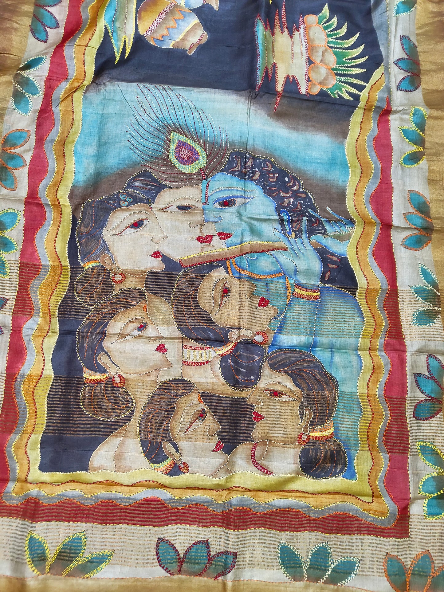 Sold out Pure Tussar Silk Hand-Painted Kantha Saree