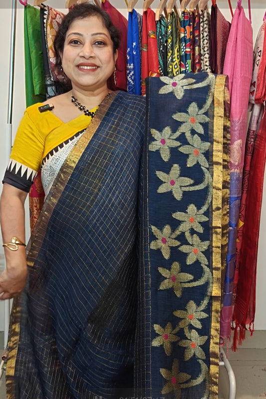 Handwoven Linen Jamdani Saree with Zari Check work