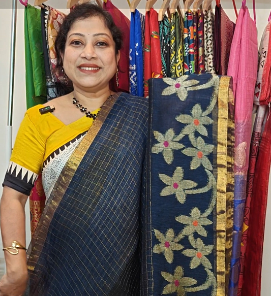 Handwoven Linen Jamdani Saree with Zari Check work