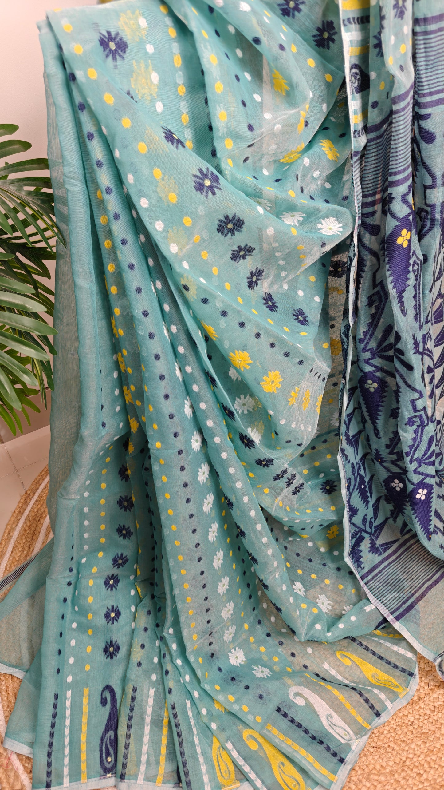 Bengal Soft Jamdani Saree Turquoise Blue Colour
