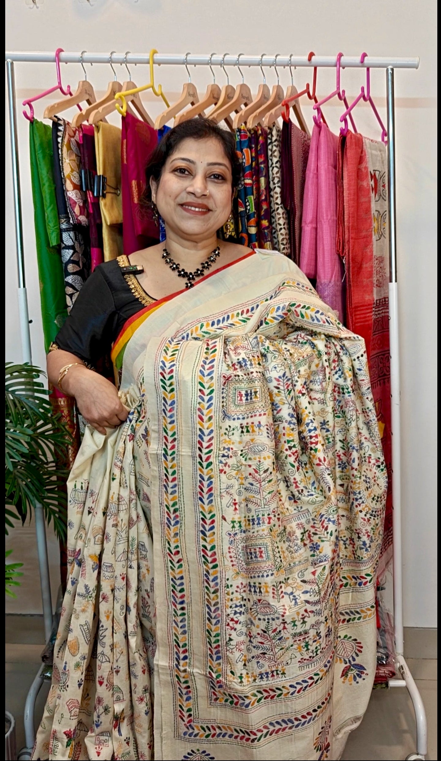 Pure Tussar Silk Kantha Saree – Warli Whispers on White (Golpo Kantha)