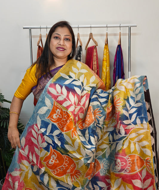 Sold out Pure Murshidabad 3-Ply Silk Mom batik Hand painted Saree