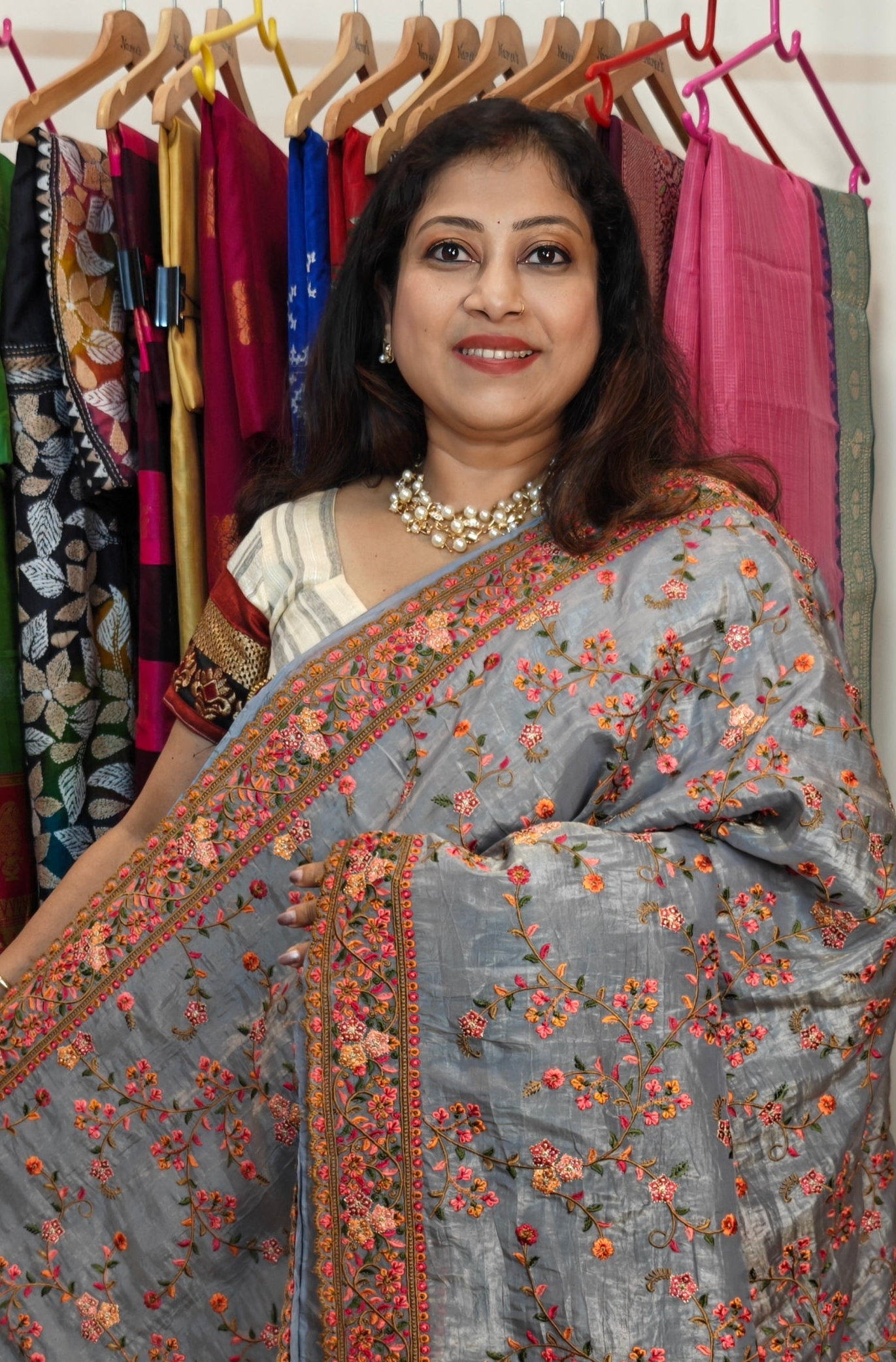 Glass Tissue Embroidered Saree – Grey Grace for Your Grand Entrance