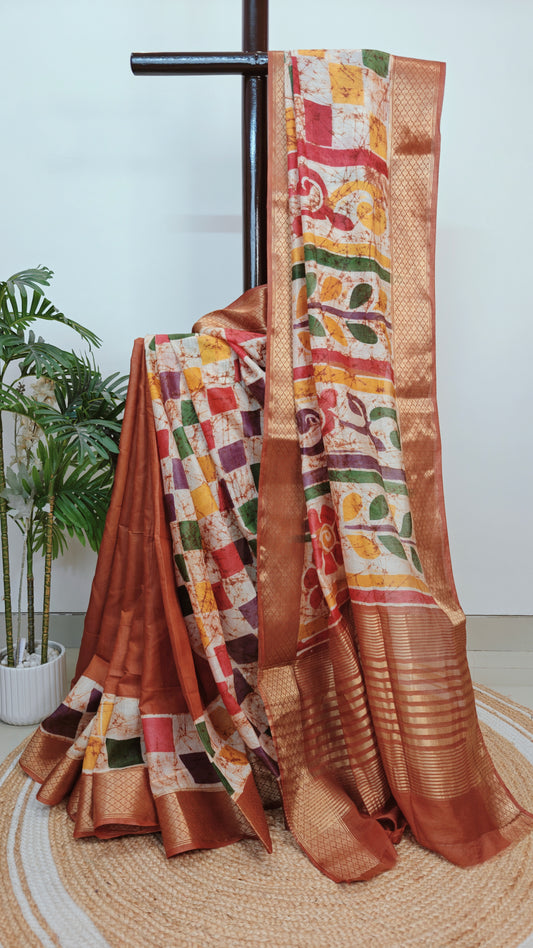 Maheswari Silk Wax Batik Saree with Zari Border