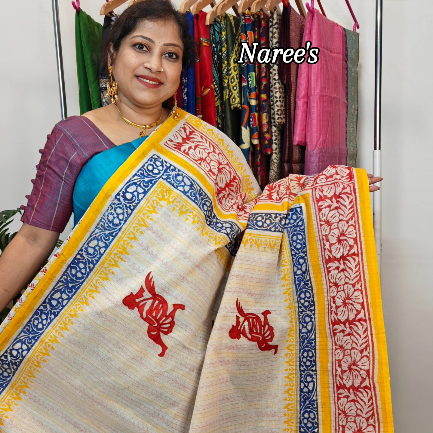 Authentic Pure Dhanekhali Zari Checker Cotton Applique and Block Print work Saree