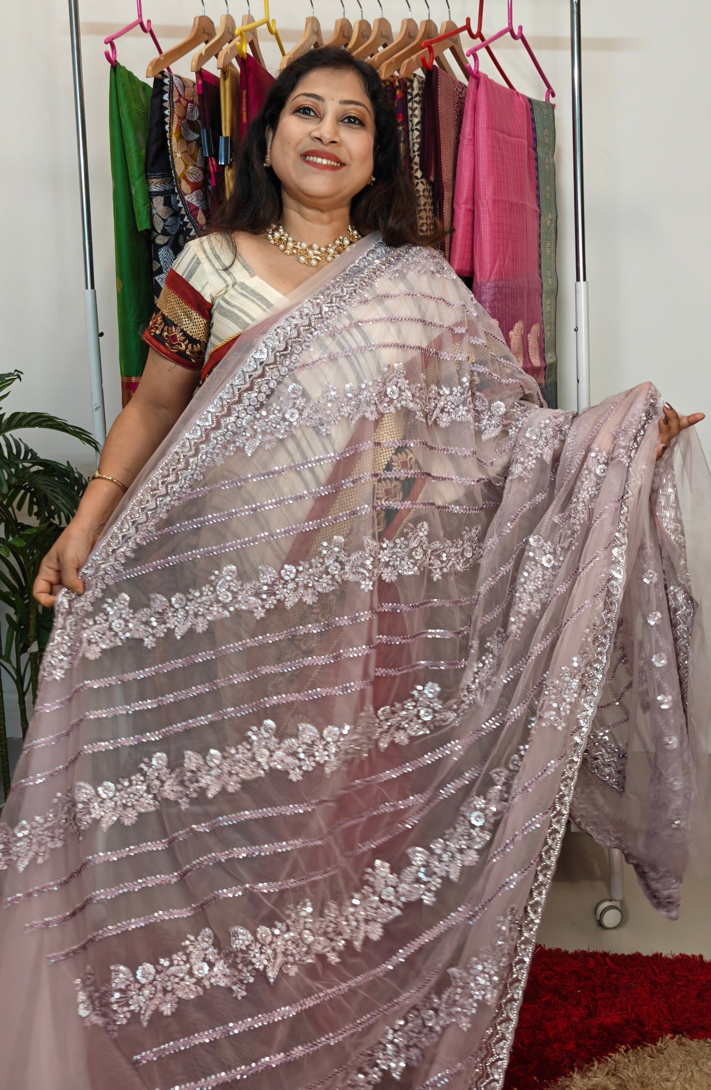 Party Wear Super Net Light Lavender Saree