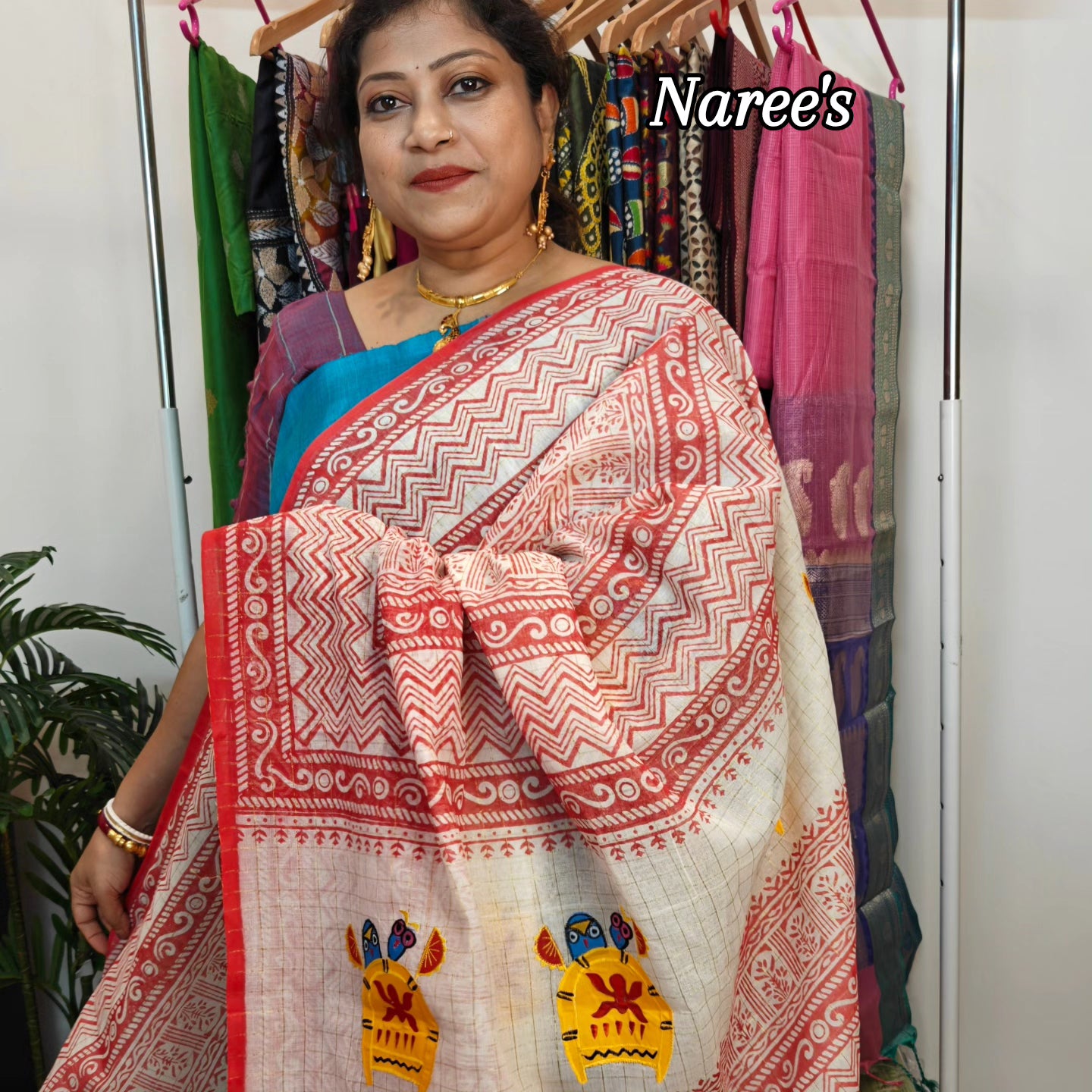 Sold out Authentic Pure Dhanekhali Zari Checker Cotton Applique and Block Print work Saree