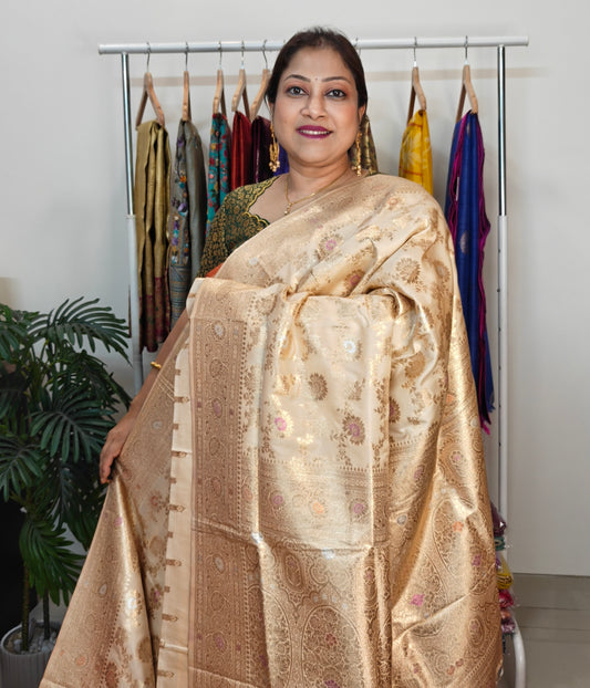 Banarasi Saree – Rose Gold Radiance with All-Over Jal Floral Motifs