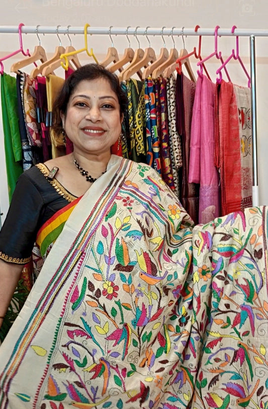 Pure Tussar Kanthastitch saree -Bird motif