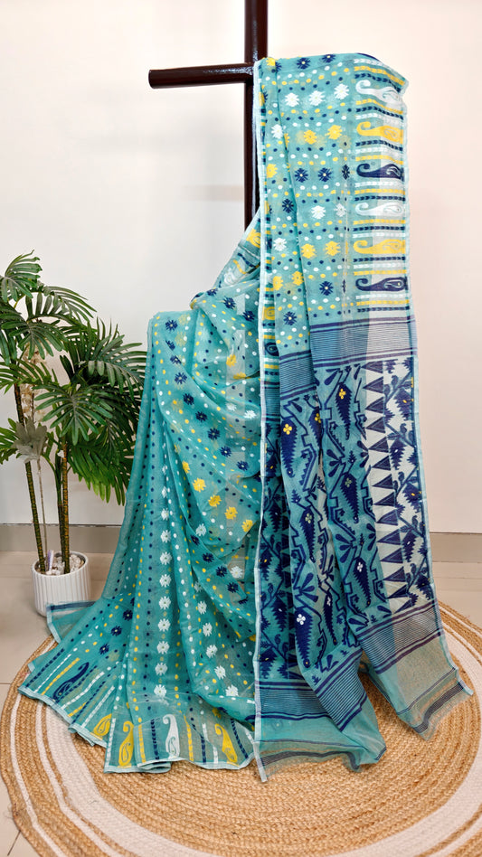 Bengal Soft Jamdani Saree Turquoise Blue Colour