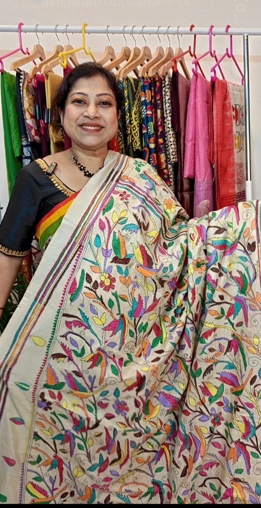 Pure Tussar Kanthastitch saree -Bird motif