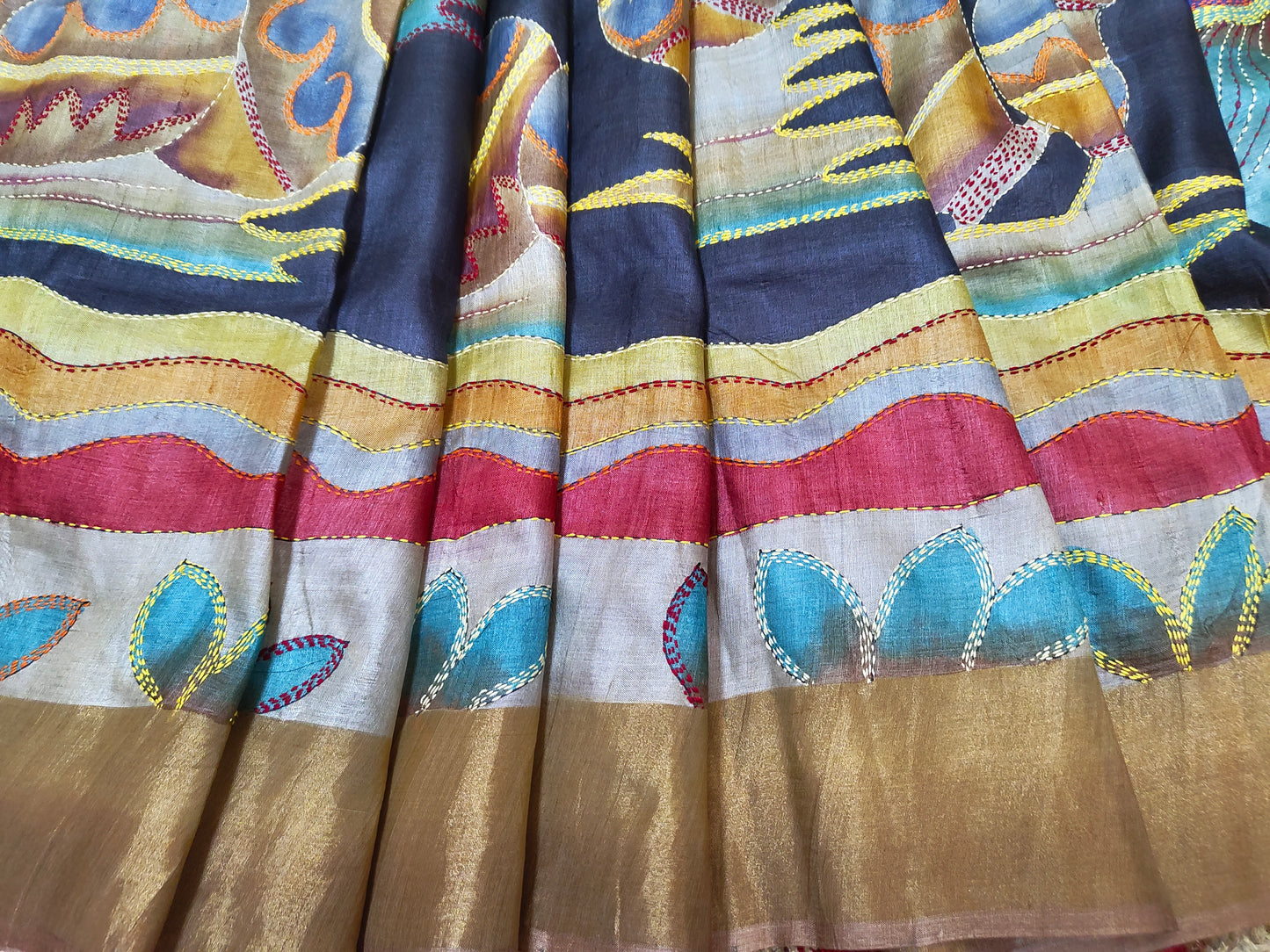 Sold out Pure Tussar Silk Hand-Painted Kantha Saree