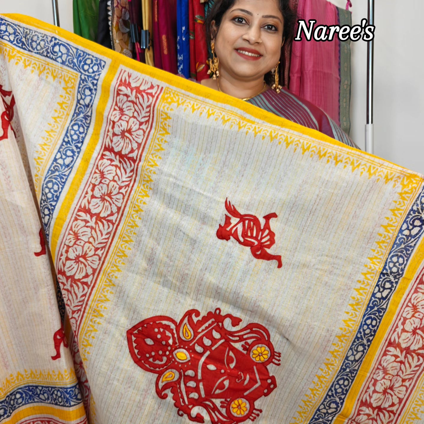 Authentic Pure Dhanekhali Zari Checker Cotton Applique and Block Print work Saree