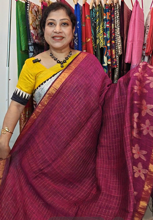 Handwoven Linen Jamdani Saree with Zari Check work