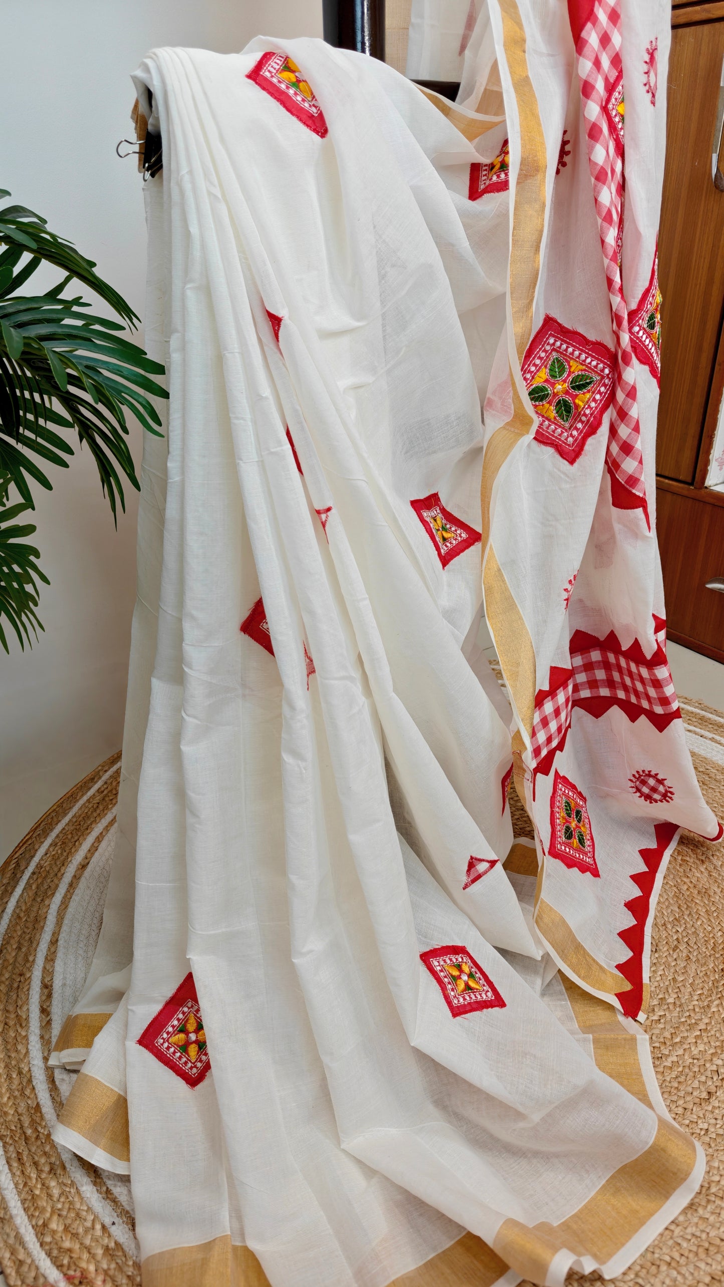 Authentic Pure Kerala Cotton Applique work Saree