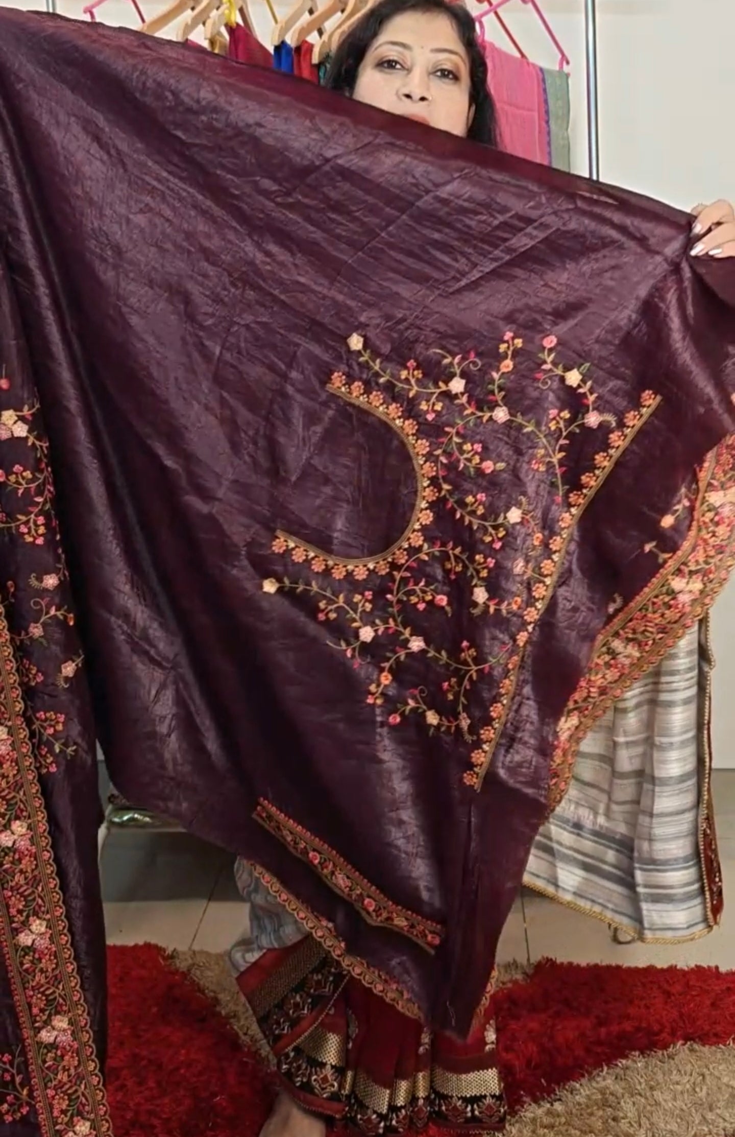 Glass Tissue Embroidered Saree – Wine-Hued Elegance for Your Special Day