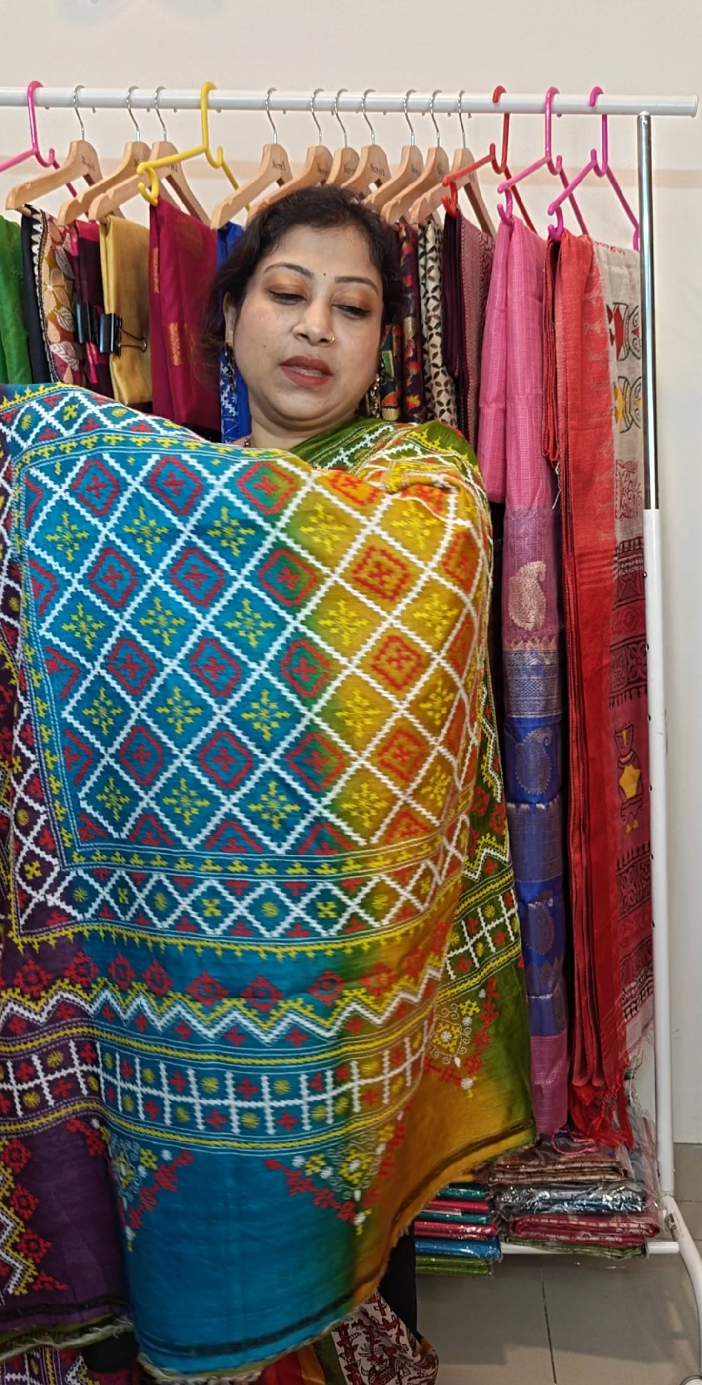 Sold out Pure Tussar Gachi Silk Kantha Saree with Vibrant Dye and Handcrafted Gujarati Embroidery