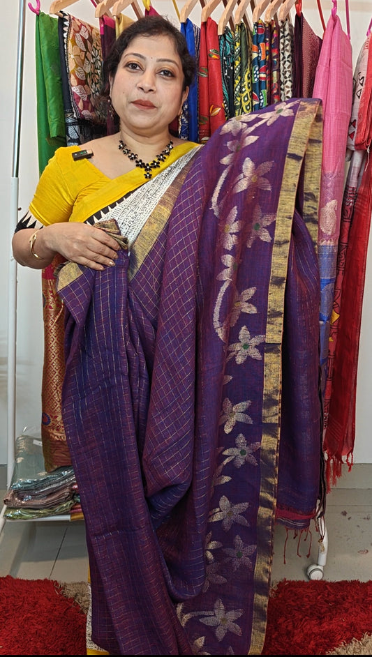 Handwoven Linen Jamdani Saree with Zari Check work