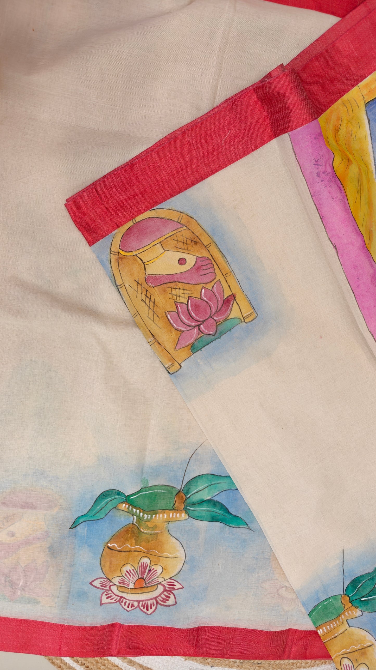 Sold out Authentic White and Red Phulia Cotton Hand-Painted Saree – A Ritual in Threads