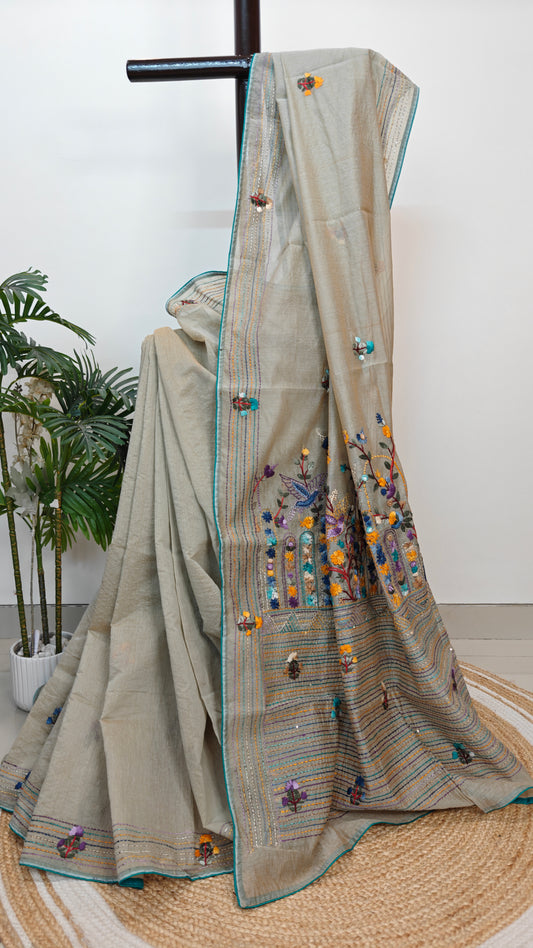Handloom Silk Saree with Parsi Bullion handwork.