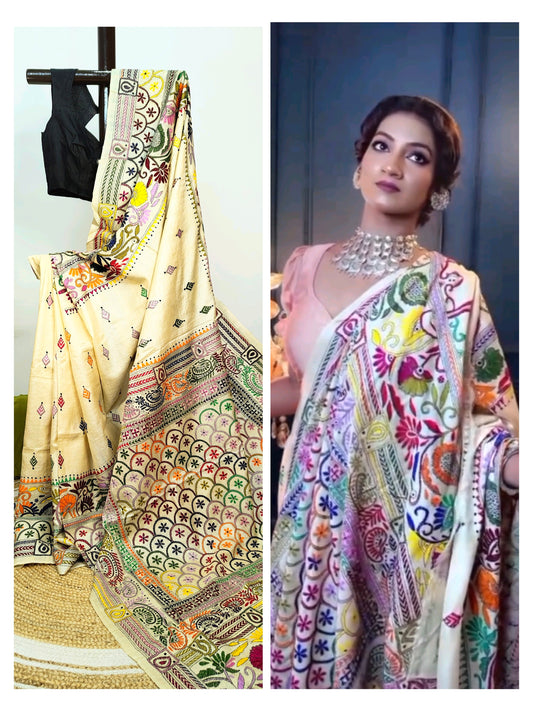 Sold out Pure Tussar Gachi by Gachi Silk Kantha Stitch Saree – A Timeless Masterpiece
