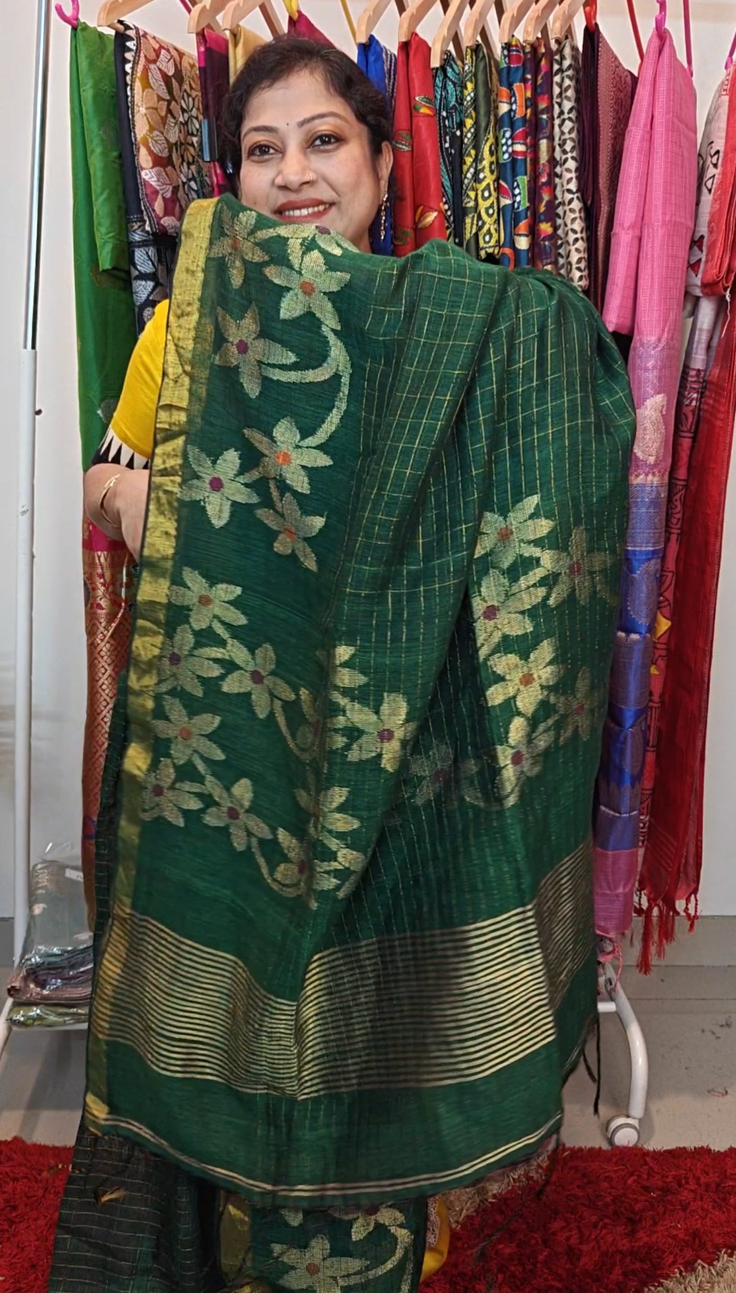 Handwoven Linen Jamdani Saree with Zari Check work