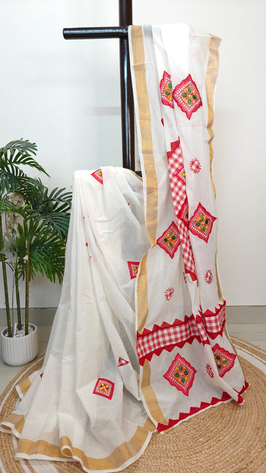 Authentic Pure Kerala Cotton Applique work Saree