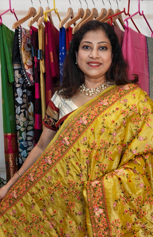 Glass Tissue Embroidered Saree-Light Mustard Yellow Glow for Your Special Day