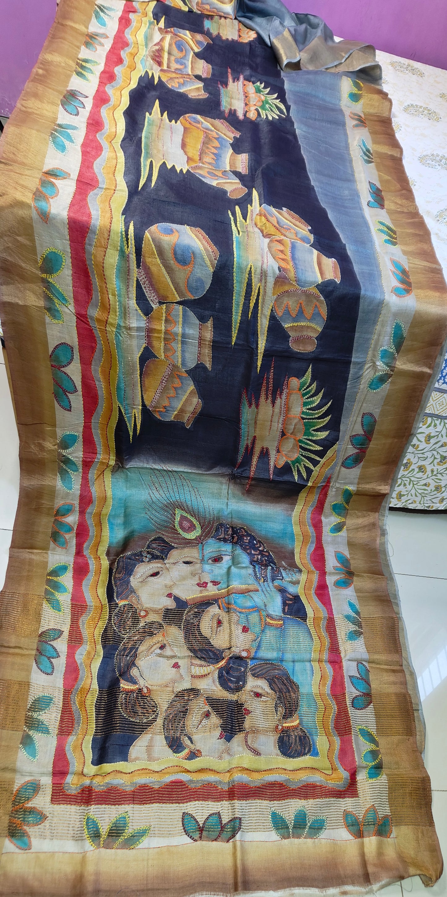 Sold out Pure Tussar Silk Hand-Painted Kantha Saree