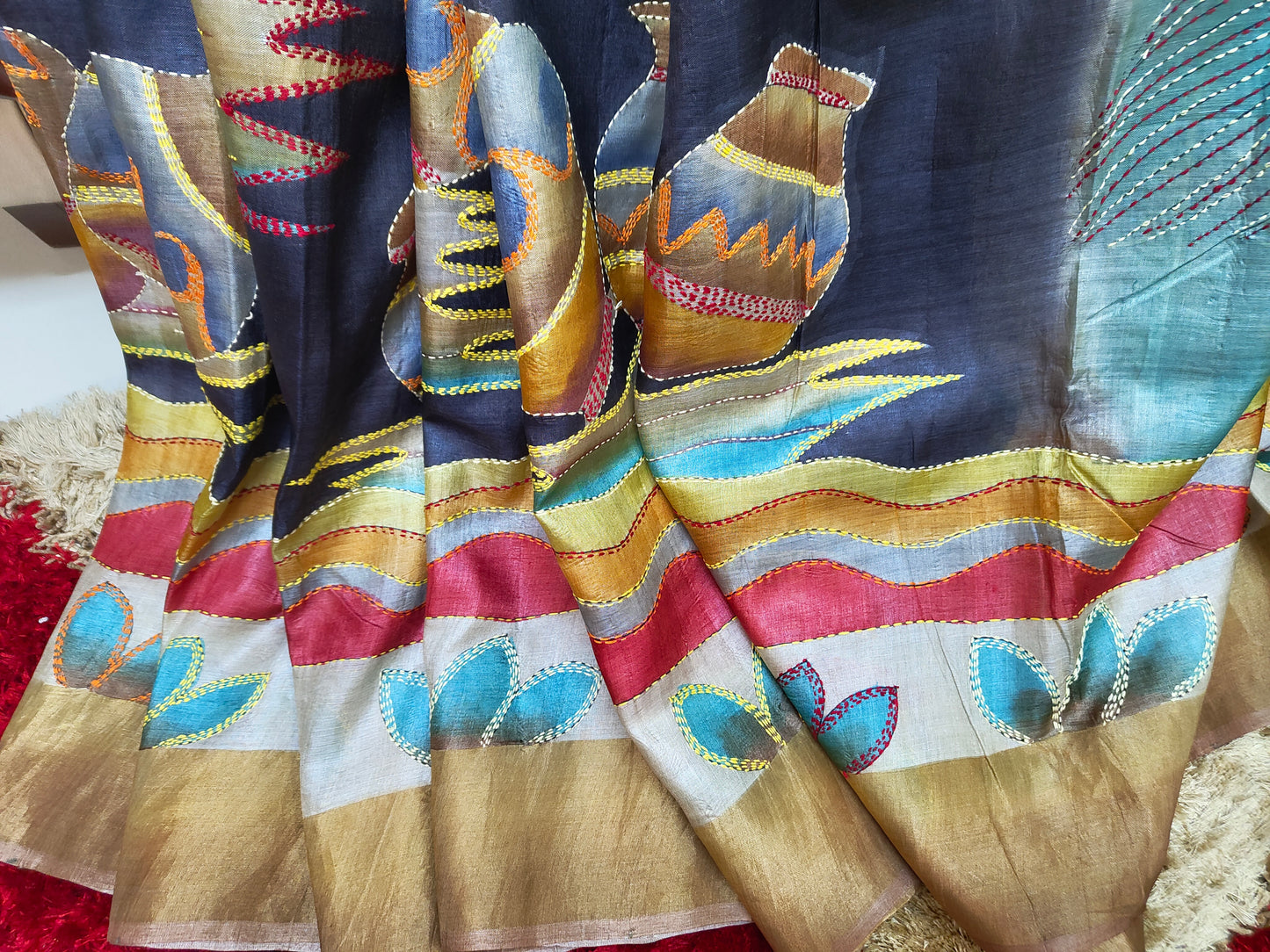 Sold out Pure Tussar Silk Hand-Painted Kantha Saree