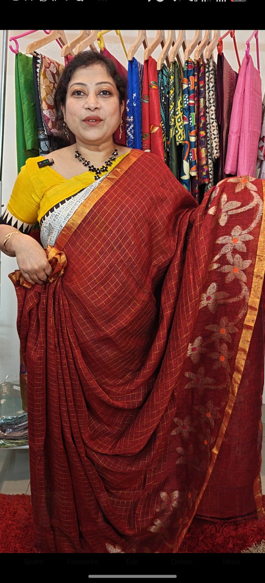 Sold out Handwoven Linen Jamdani Saree with Zari Check work