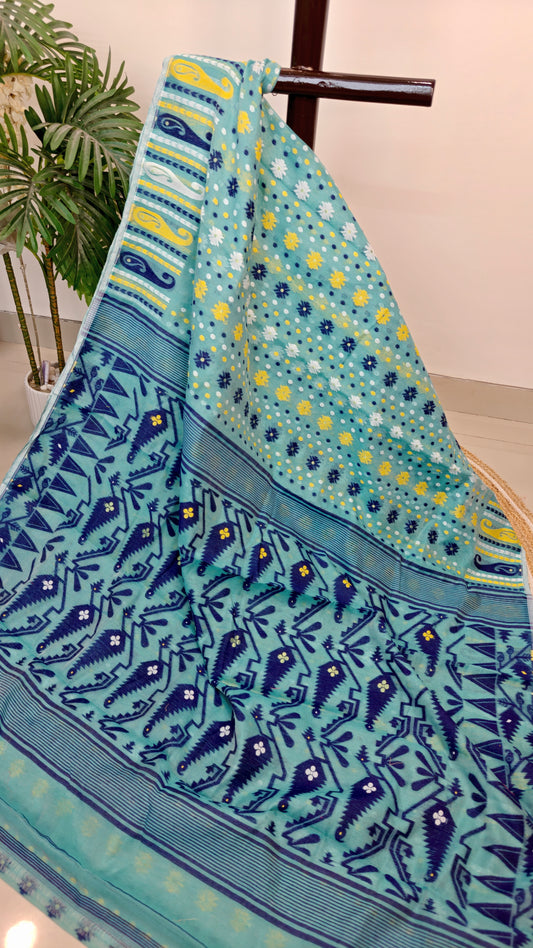 Bengal Soft Jamdani Saree Turquoise Blue Colour
