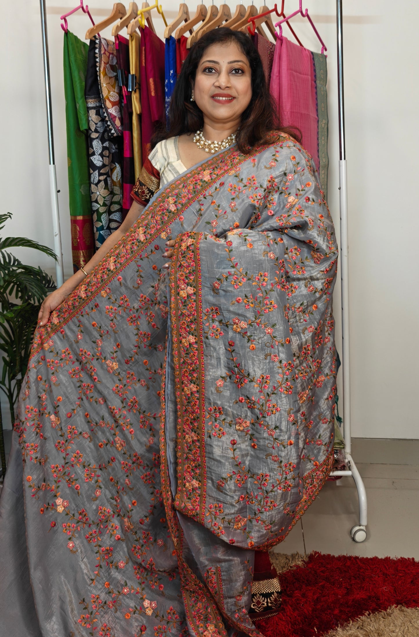 Glass Tissue Embroidered Saree – Grey Grace for Your Grand Entrance