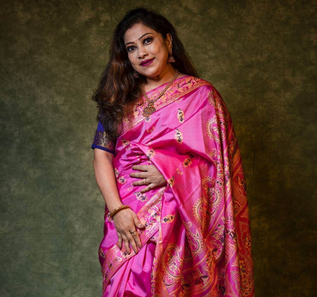 Pure Baluchari Saree 3 Ply in Pink with Golden Reshom and Navy Blue Minakari Work