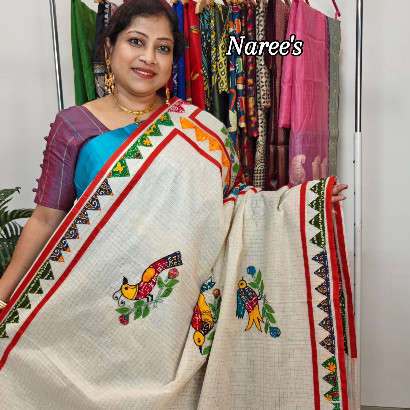 Authentic Pure Dhanekhali Zari Checker Cotton Applique work Saree