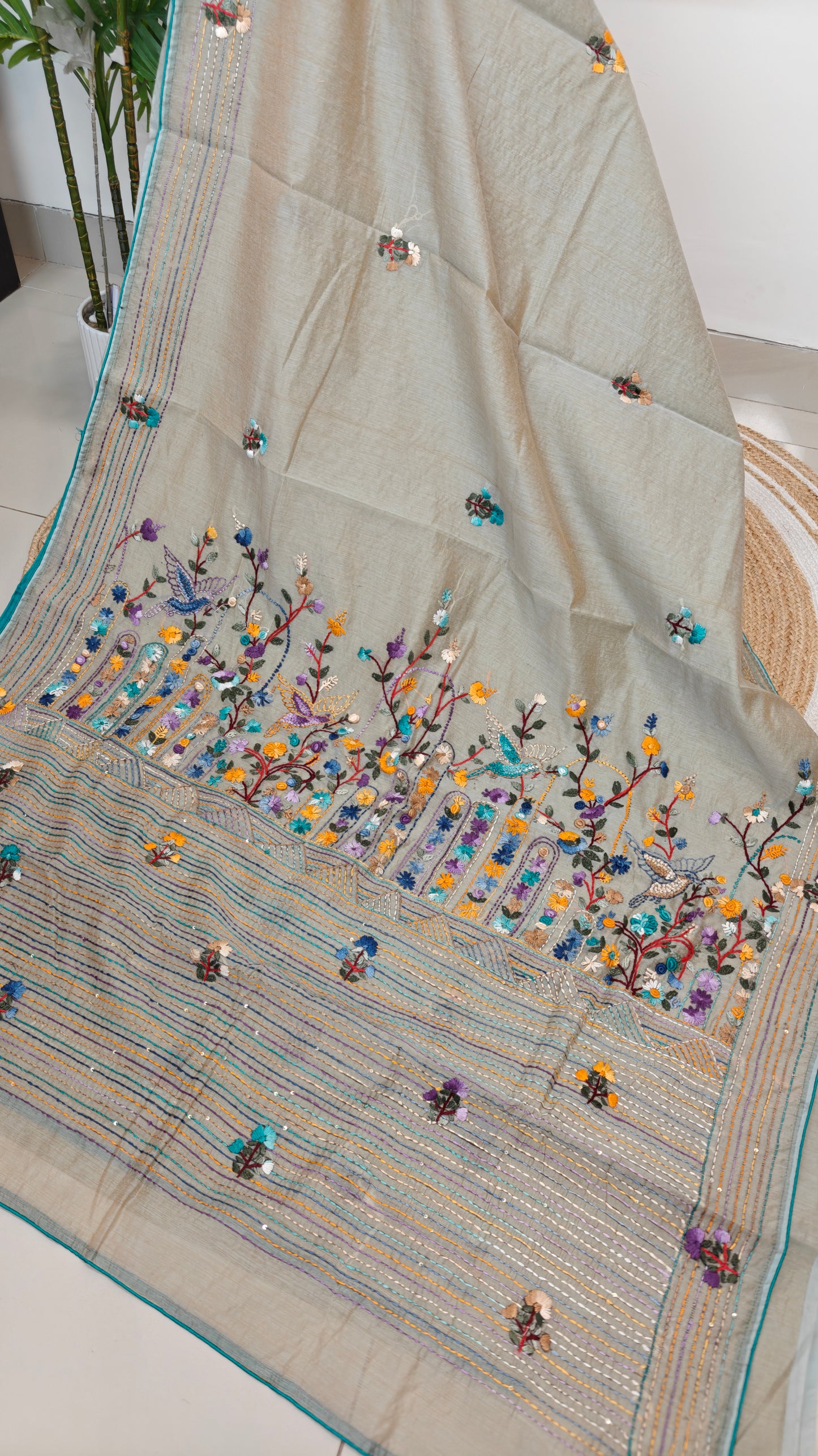 Handloom Silk Saree with Parsi Bullion handwork.